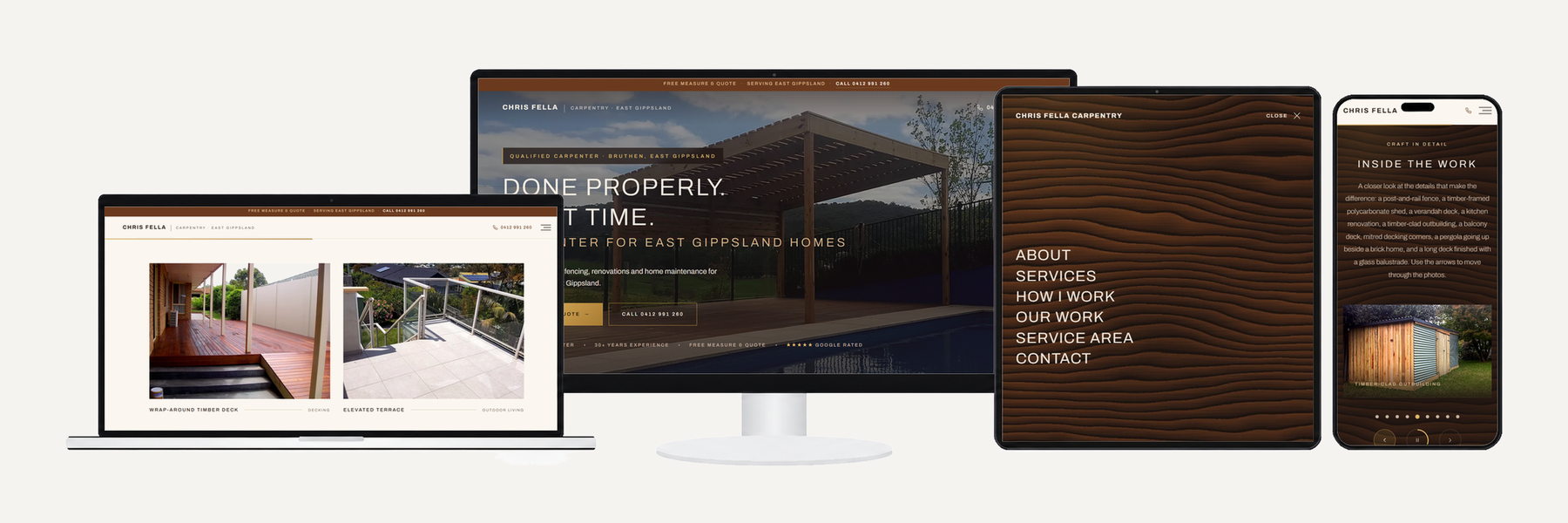 Chris Fella Carpentry website shown on desktop, laptop, tablet and mobile